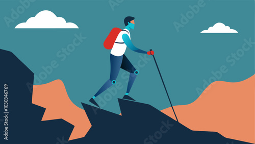 Walking on Uneven Terrain A person navigating a rocky path with the aid of a robust exoskeleton demonstrating stability and strength in challenging conditions.