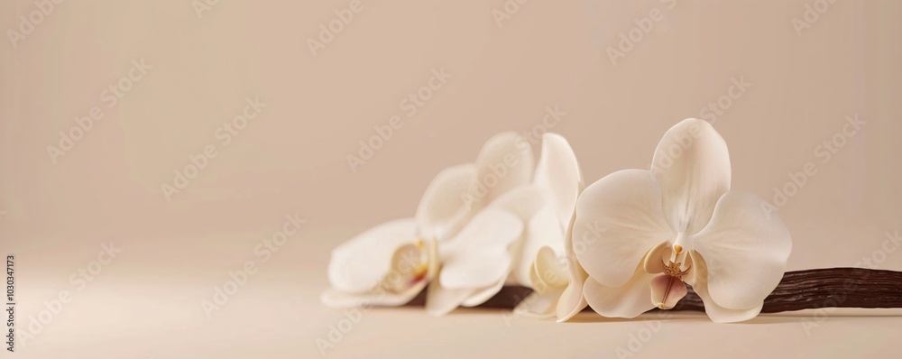 Vanilla pods and an elegant orchid flower displayed together. Vanilla pods and an elegant orchid flower displayed together.