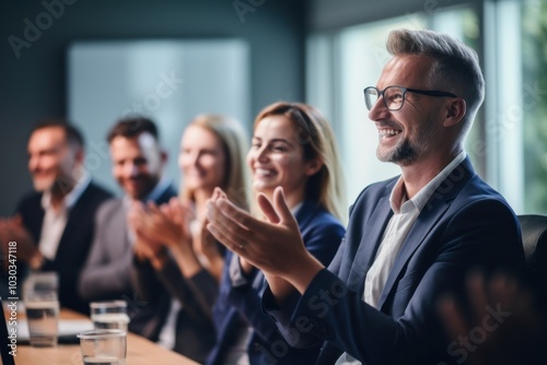 Business people clapping smiling meeting.