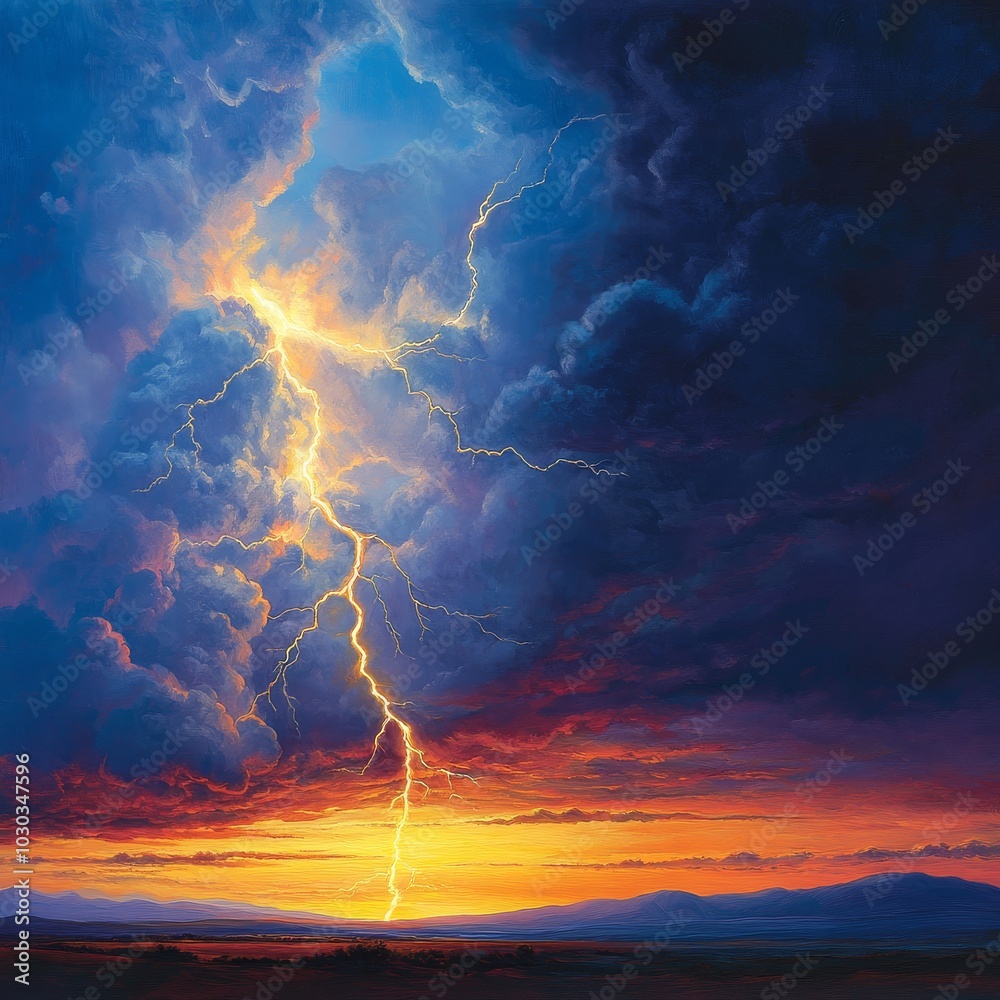 Fototapeta premium Dramatic thunderstorm over the ocean at sunset