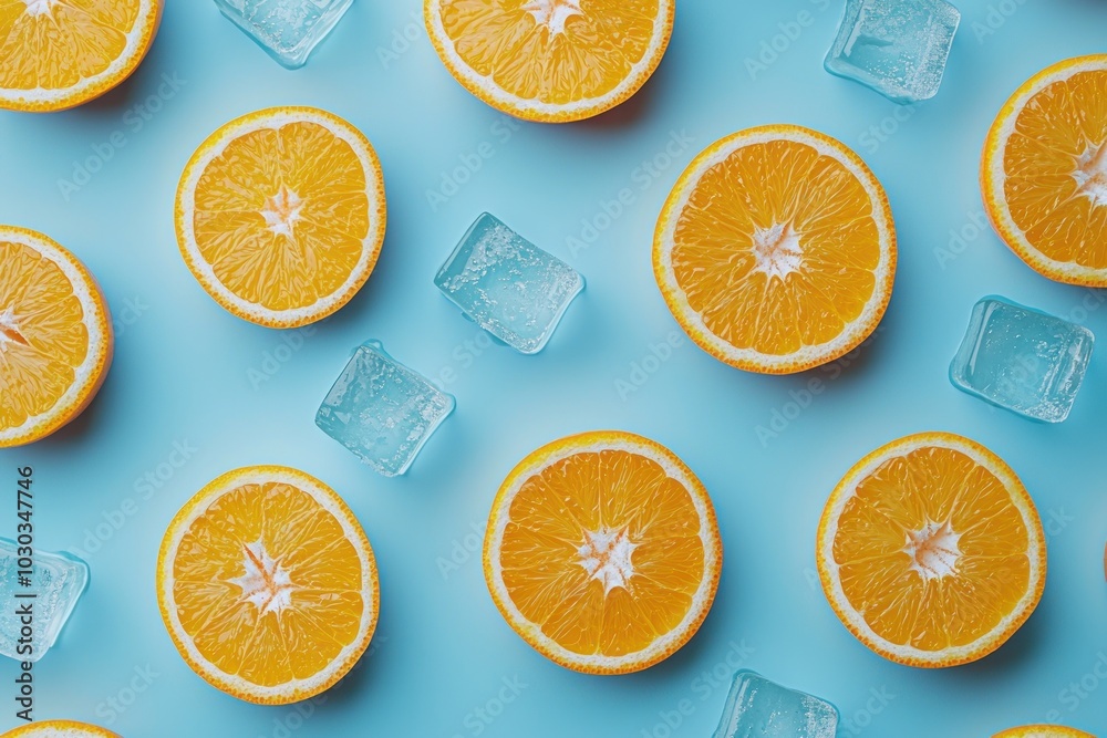 Fototapeta premium Orange slices and ice cubes with water droplets on a bright blue background Generative AI