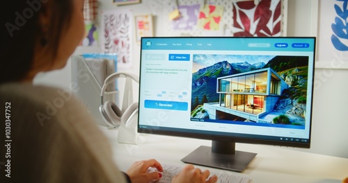 Teenage girl enters prompt in artificial intelligence chatbot on PC. Advanced AI video generator generates detailed high-quality video of modern house. From text prompt to realistic generated video.