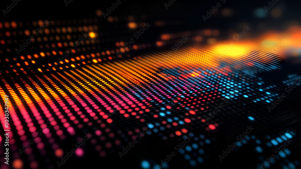An abstract digital background featuring colorful dots in a wave pattern, resembling sound waves or data visualization. The colors transition from warm oranges and yellows to cool blues and purples, c An abstract digital background featuring colorful dots in a wave pattern, resembling sound waves or data visualization. The colors transition from warm oranges and yellows to cool blues and purples, c