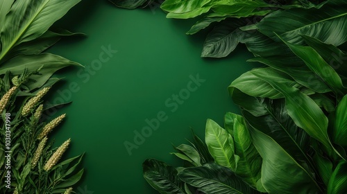 A collection of various green leaves artistically arranged to frame a solid green background in the center, illustrating lush foliage and tranquility. photo