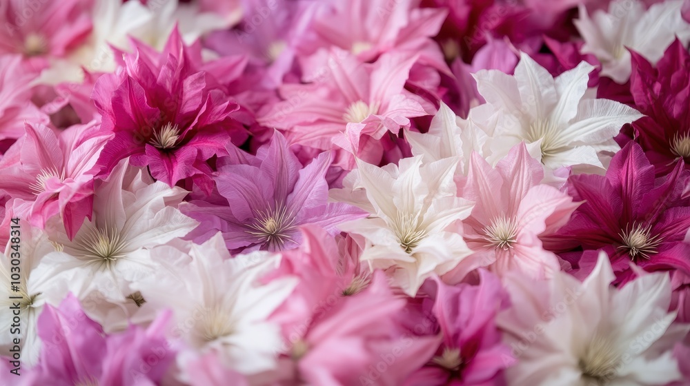 An array of pink, white, and magenta clematis flowers in full bloom create a visually stunning and harmonious composition, celebrating the richness of nature's palette. An array of pink, white, and magenta clematis flowers in full bloom create a visually stunning and harmonious composition, celebrating the richness of nature's palette.