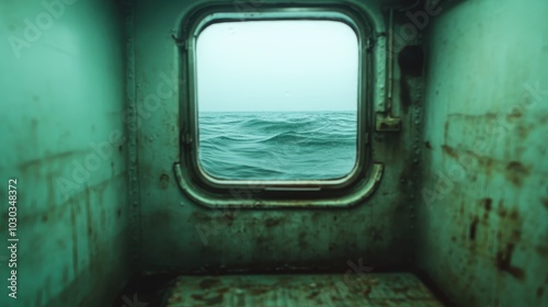 The interior of an empty ship cabin features a rusted porthole with an expansive view of the calming ocean waves beneath a light, overcast sky beyond. photo