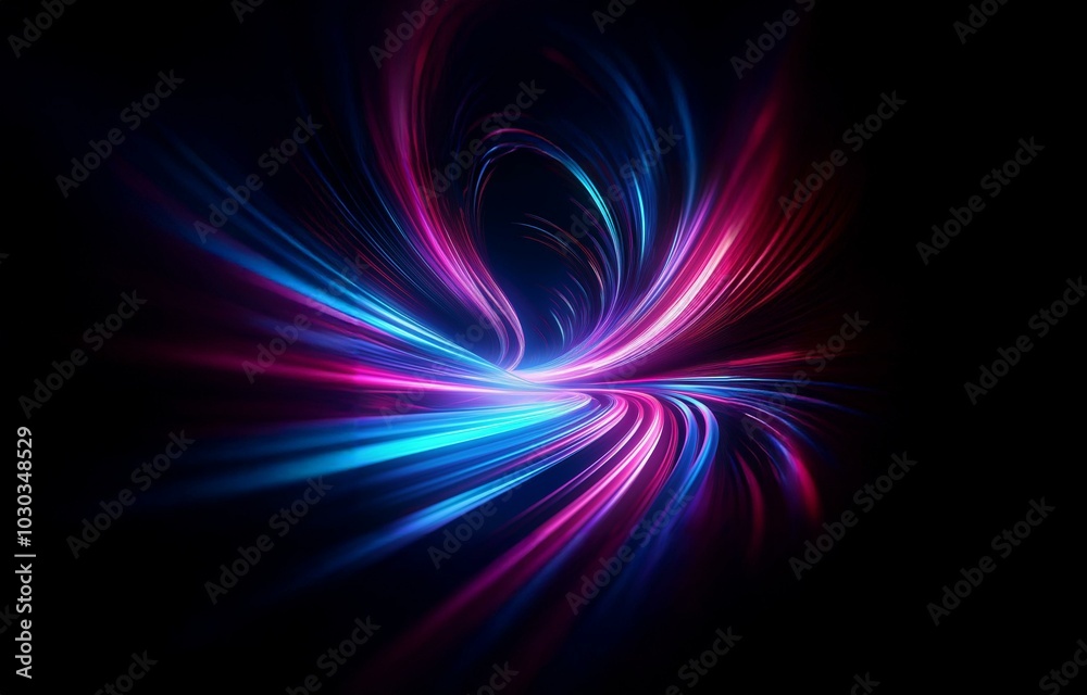 Abstract glowing lines in blue and pink swirl against a black background. Abstract glowing lines in blue and pink swirl against a black background.