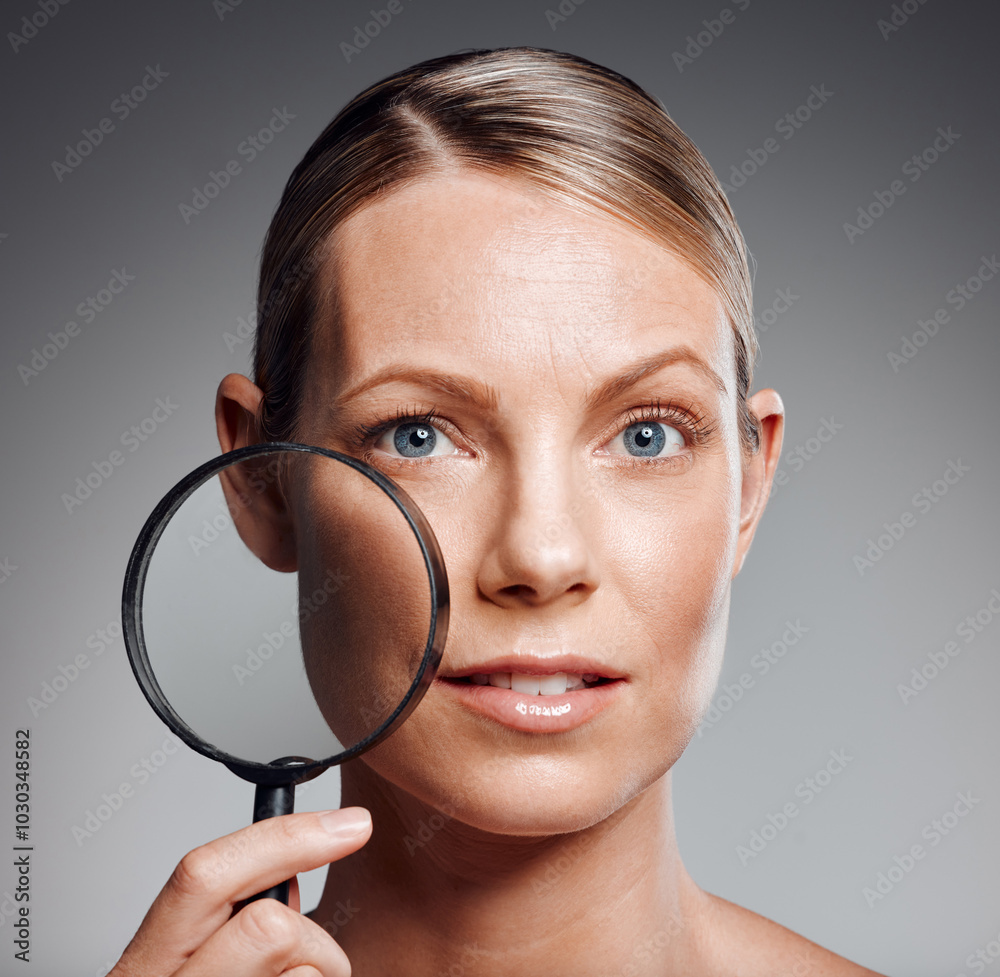 Mature woman, portrait and anti aging with magnifying glass, cosmetics and glow on studio background. Female person, facial treatment and collagen for cosmetology, beauty and skincare for dermatology Mature woman, portrait and anti aging with magnifying glass, cosmetics and glow on studio background. Female person, facial treatment and collagen for cosmetology, beauty and skincare for dermatology