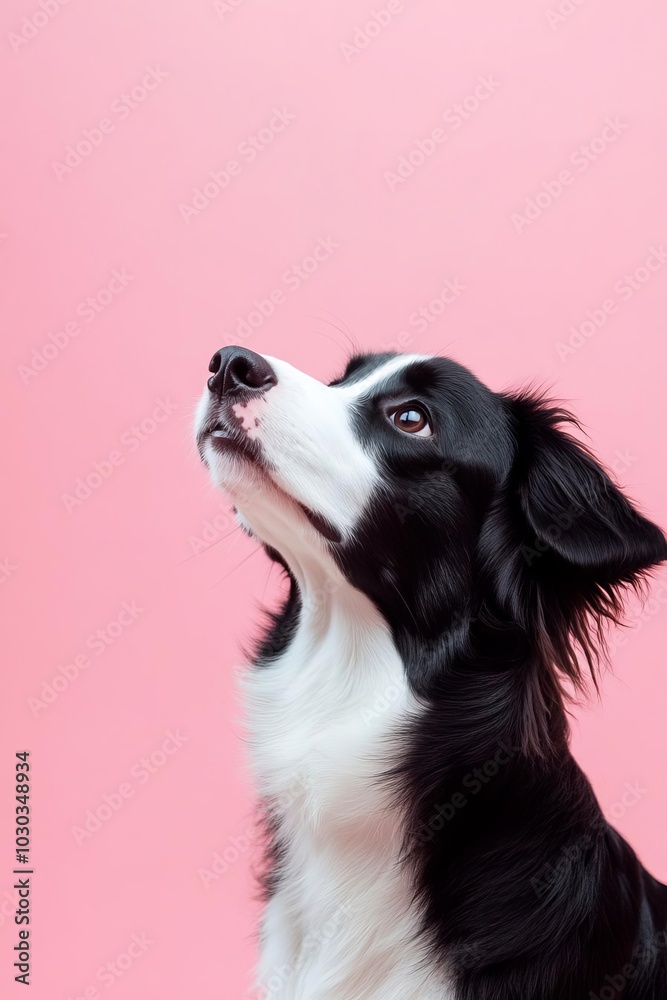Fototapeta premium A blackandwhite border collie, standing alert against a soft pink background, minimalistic and focused