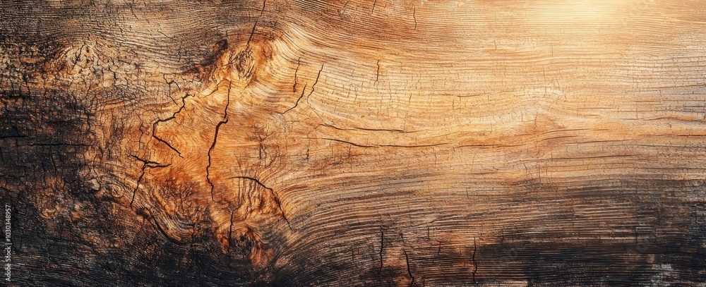 Naklejka premium Close-up of a weathered wooden surface with cracks and warm sunlight highlighting the wood grain Generative AI
