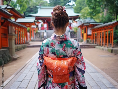 A person in a colorful kimono stands before a Japanese shrine, showcasing traditional architecture with vibrant colors and intricate patterns, symbolizing cultural heritage. photo