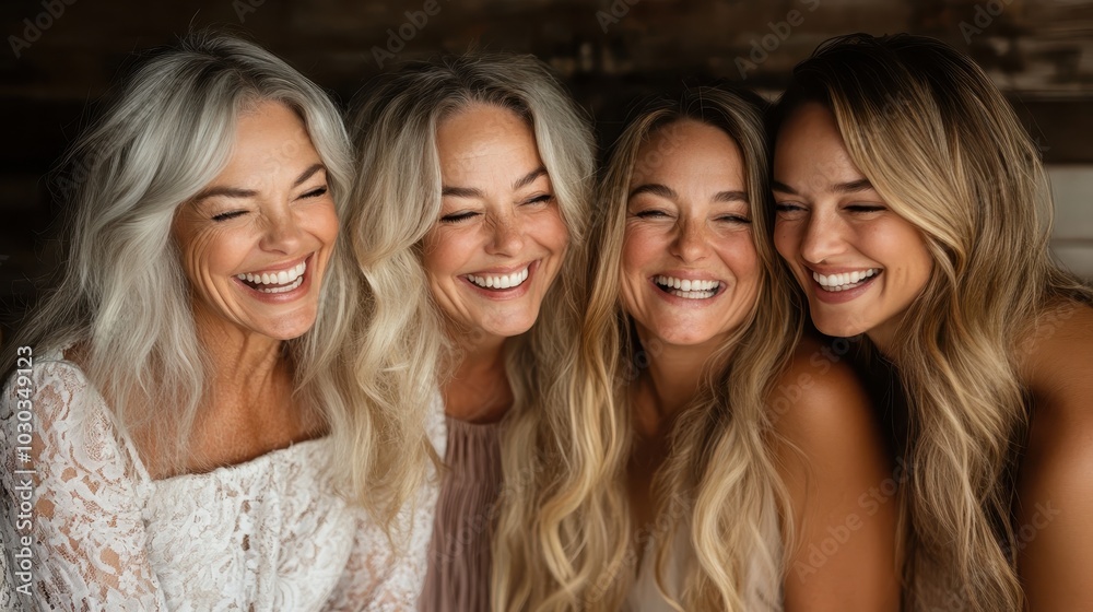 A group of four women with long, flowing hair, share laughter and joy, radiating happiness and warmth. The harmonious blend of colors and textures adds to the scene's serenity. A group of four women with long, flowing hair, share laughter and joy, radiating happiness and warmth. The harmonious blend of colors and textures adds to the scene's serenity.