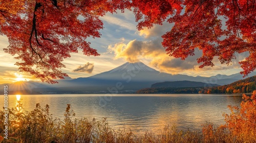 Wallpaper Mural Mount Fuji at Sunset with Red Maple Trees Framing a Lake Torontodigital.ca