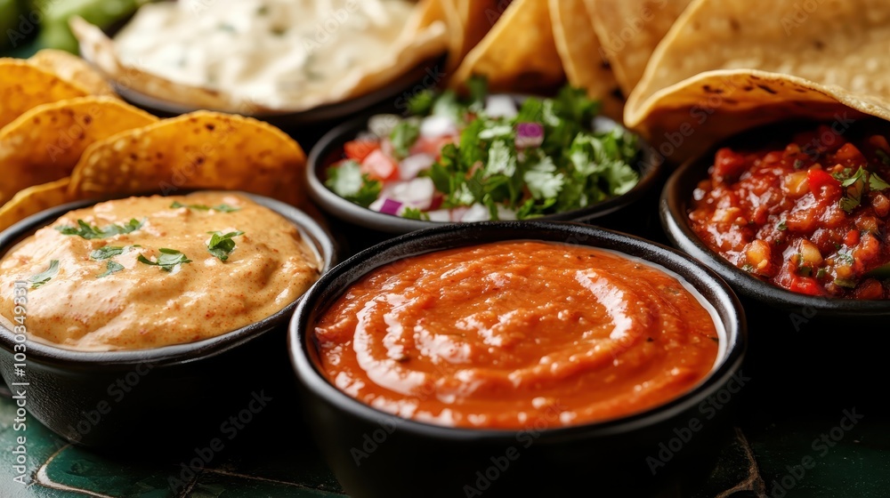 A rustic food setup with salsa bowls and tortilla chips is spread across a textured table, offering a comforting, flavorful snack or appetizer arrangement for sharing. A rustic food setup with salsa bowls and tortilla chips is spread across a textured table, offering a comforting, flavorful snack or appetizer arrangement for sharing.