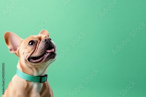 A fawncolored French bulldog, glowing against a light pastel green background, minimal and fresh