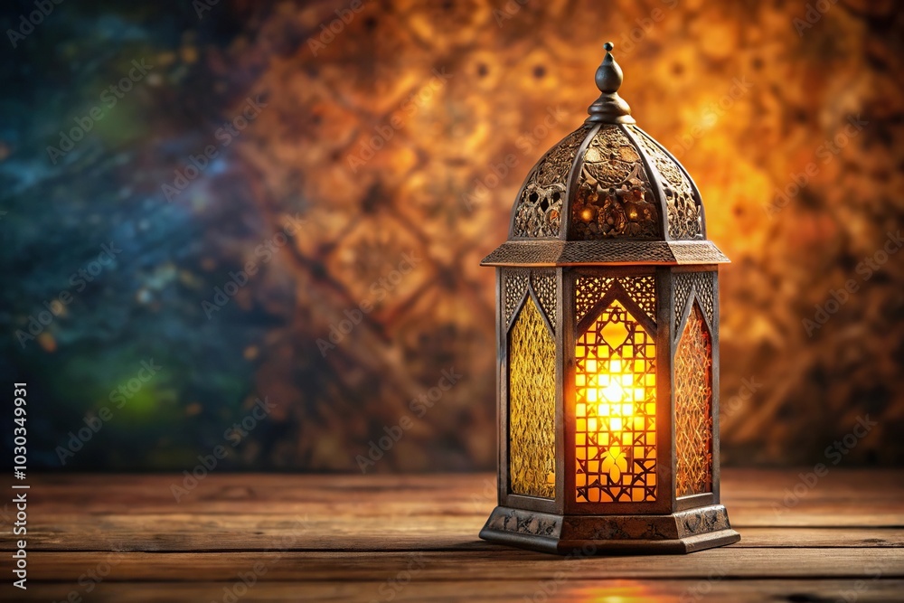 Lantern with Islamic pattern reflected in lights, on a dark background Lantern with Islamic pattern reflected in lights, on a dark background