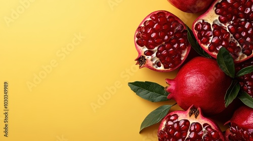 Whole and halved pomegranates displayed on a bright yellow surface, showcasing the deep red seeds and glossy skins, complemented by green leaves. photo