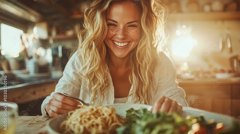 A cheerful woman sits at a table, enjoying a fresh homemade meal in a sunlit kitchen. She exudes happiness and contentment, surrounded by natural ingredients. A cheerful woman sits at a table, enjoying a fresh homemade meal in a sunlit kitchen. She exudes happiness and contentment, surrounded by natural ingredients.