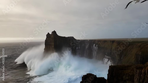 Dramatic Ocean Waves Crashing Against Rugged Cliffs