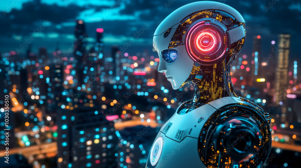 A multi-color 3D robotic figure stands out in a futuristic cityscape, its sleek, metallic body illuminated with glowing digital elements that represent cutting-edge artificial intelligence and smart t A multi-color 3D robotic figure stands out in a futuristic cityscape, its sleek, metallic body illuminated with glowing digital elements that represent cutting-edge artificial intelligence and smart t
