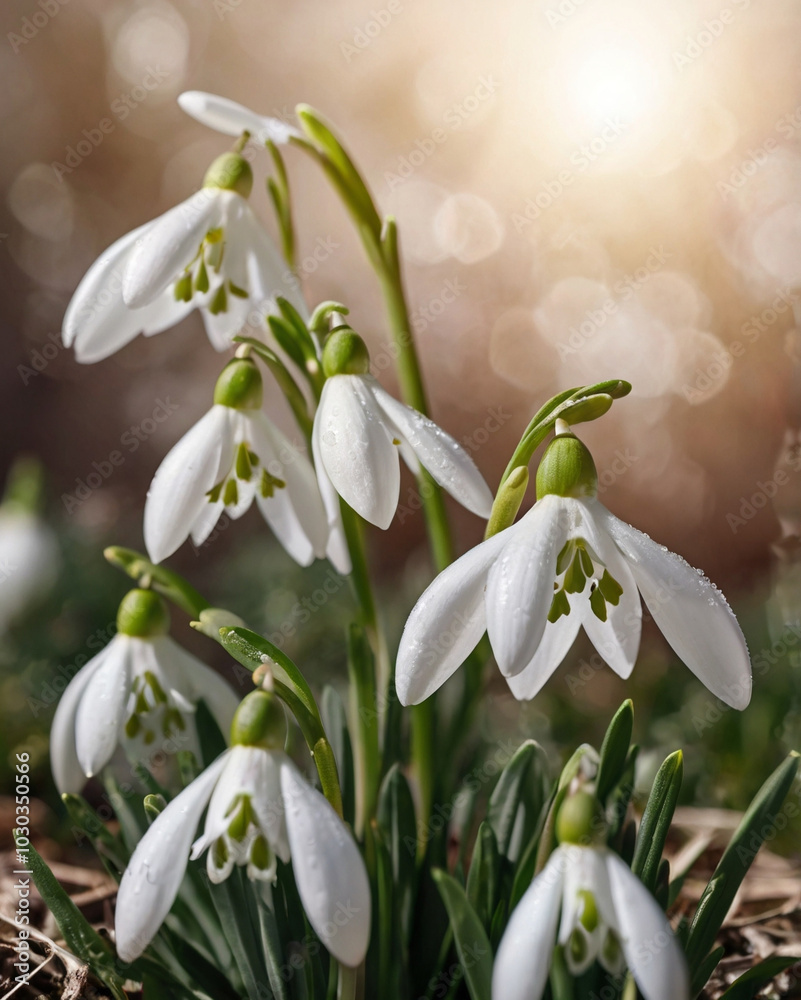 White fresh snowdrops first flowers delicate background. Celebrating of spring. Floral template.
