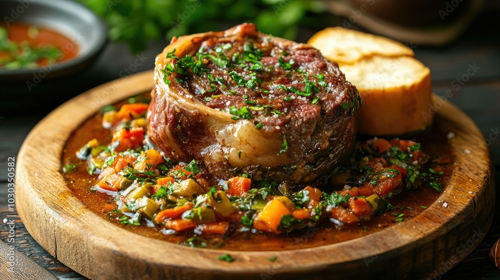 Delectable Ossobuco Presentation on Wooden Platter Delectable Ossobuco Presentation on Wooden Platter