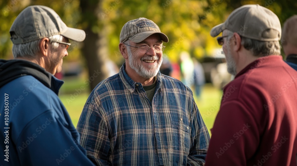 Union members celebrating Labor Day in a small-town setting, showcasing a sense of solidarity and pride with a gathering in a local park Union members celebrating Labor Day in a small-town setting, showcasing a sense of solidarity and pride with a gathering in a local park