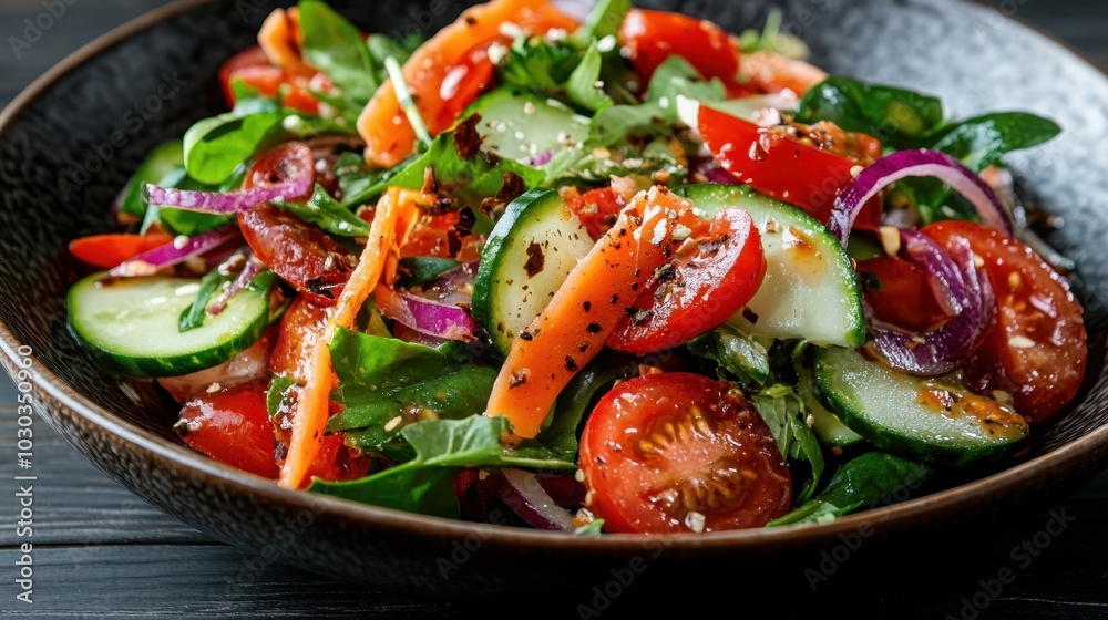 A vibrant salad of mixed vegetables including carrots, tomatoes, cucumbers, and onions, dressed with spices for a refreshing and nutritious meal option. A vibrant salad of mixed vegetables including carrots, tomatoes, cucumbers, and onions, dressed with spices for a refreshing and nutritious meal option.