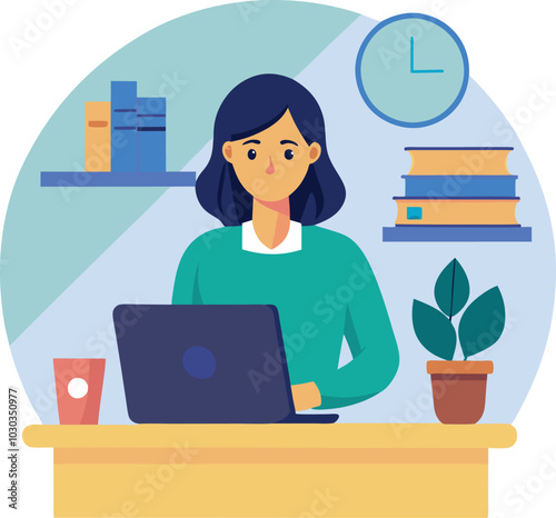 Woman working on laptop vector illustration