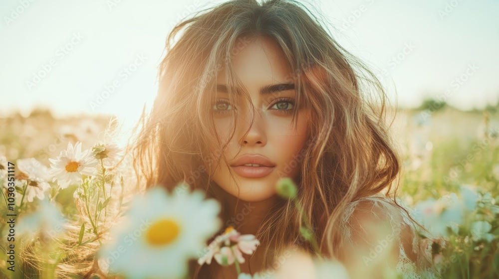 A woman with natural beauty stands in a daisy-filled sunlit field, her flowing hair catching the rays and creating an ethereal and gentle atmosphere around her presence.