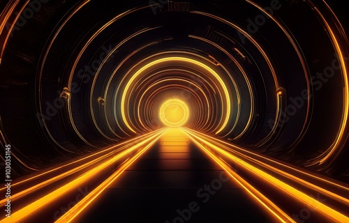 A glowing orange tunnel with concentric circles and two long, illuminated lines leading into the distance.