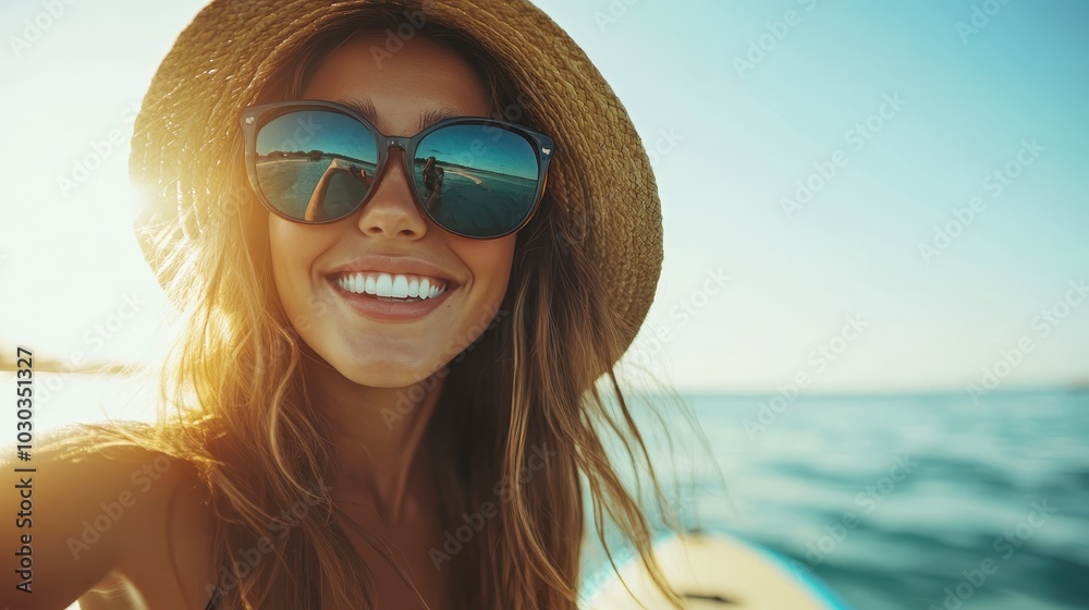 A cheerful woman, wearing sunglasses and a hat, captures a joyful selfie at the beach during sunset, embodying happiness, relaxation, and summer fun. A cheerful woman, wearing sunglasses and a hat, captures a joyful selfie at the beach during sunset, embodying happiness, relaxation, and summer fun.