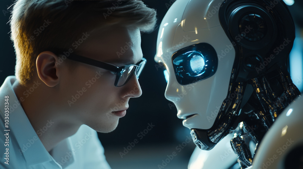 A young businessman is depicted chatting with AI—engaged in a conversation with a smart artificial intelligence system through a chatbot interface. A young businessman is depicted chatting with AI—engaged in a conversation with a smart artificial intelligence system through a chatbot interface.