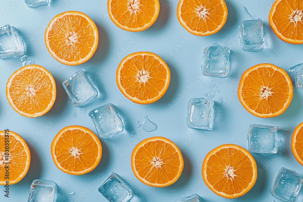 Orange slices and ice cubes scattered on a bright blue background Generative AI