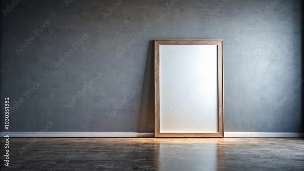 A large wooden frame with a blank canvas sits against a textured gray wall, reflecting a warm glow on the polished floor. A large wooden frame with a blank canvas sits against a textured gray wall, reflecting a warm glow on the polished floor.