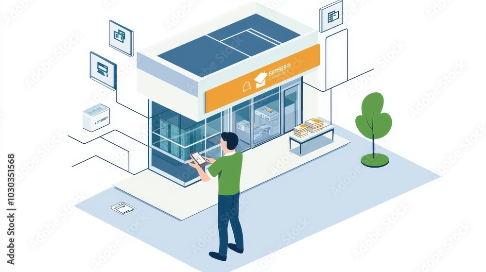 Trader handling storefront, branch connected to headquarters, flat design illustration Trader handling storefront, branch connected to headquarters, flat design illustration