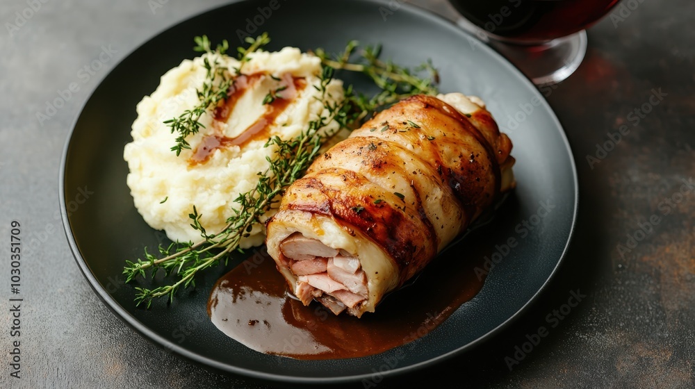 A flavorful meat dish skillfully presented alongside creamy mashed potatoes, enhanced with a sprig of fresh thyme, accompanied by a glass of rich red wine. A flavorful meat dish skillfully presented alongside creamy mashed potatoes, enhanced with a sprig of fresh thyme, accompanied by a glass of rich red wine.