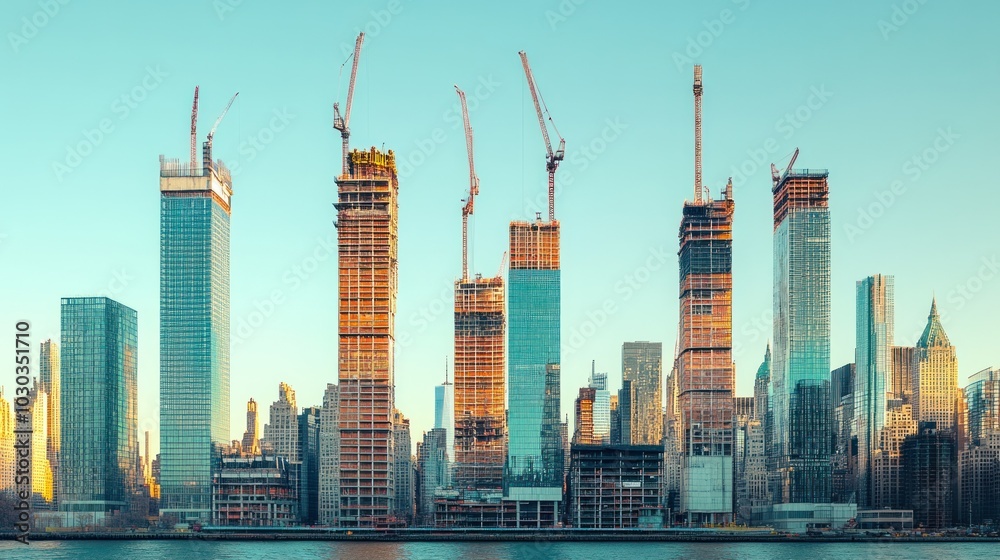 Fototapeta premium Urban skyline with a mix of completed skyscrapers and buildings under construction, capturing the growth of the city