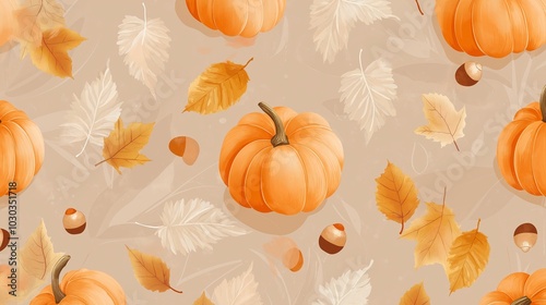 A seamless autumn pattern featuring soft orange pumpkins, golden leaves, and delicate acorns scattered in a repeatable design on a warm, light brown background for a cozy seasonal vibe.