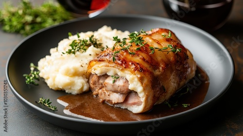 A savory meat roll artistically arranged with mashed potatoes, drizzled with gravy and thyme, set alongside a glass of red wine for a sophisticated setting.