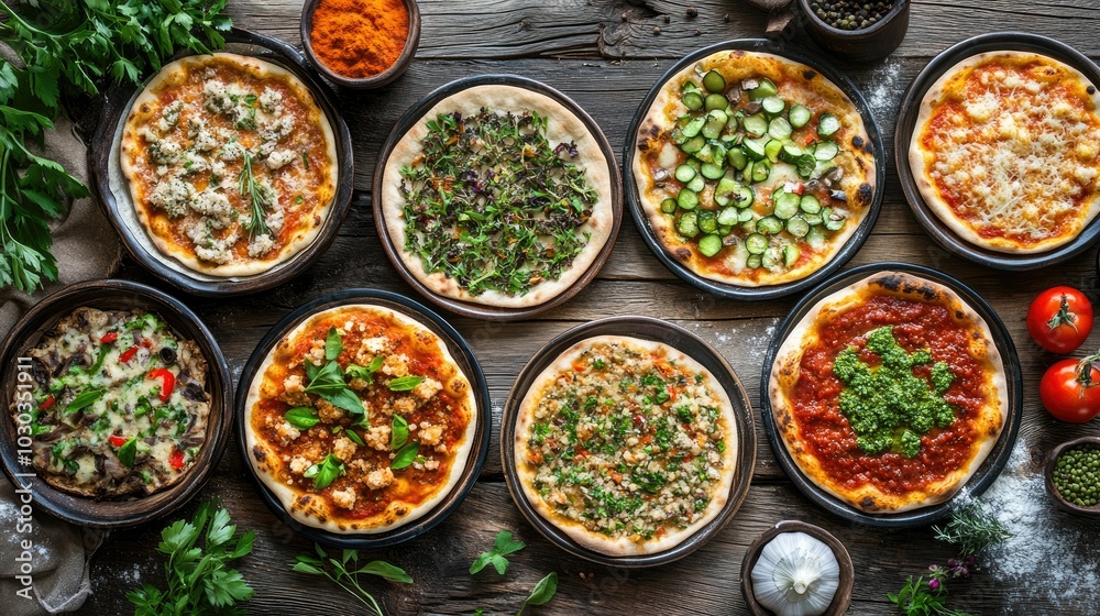 Gourmet Pizza Selection on Rustic Wooden Table Gourmet Pizza Selection on Rustic Wooden Table