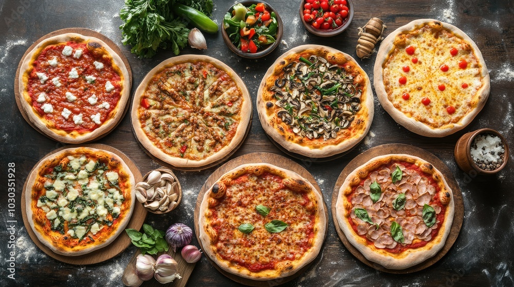 Gourmet Pizzas in a Delightful Arrangement