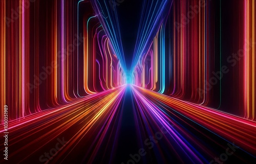 A glowing, abstract tunnel of colorful neon lines against a black background.