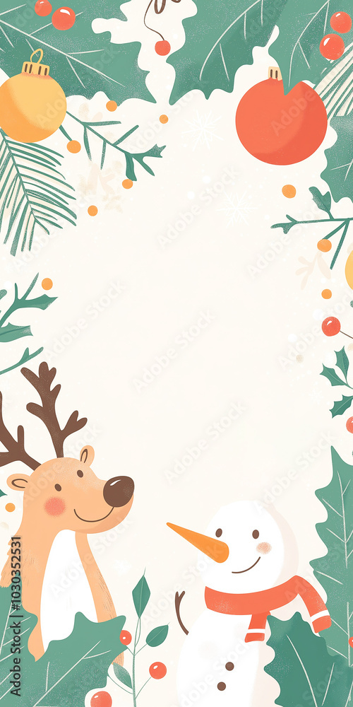 Funny Christmas Background with Reindeer and Snowmen: Playful holiday characters and Christmas lights with ample space for greetings Funny Christmas Background with Reindeer and Snowmen: Playful holiday characters and Christmas lights with ample space for greetings