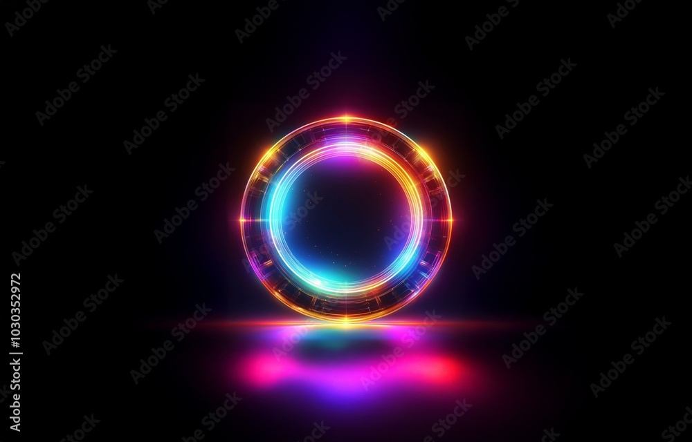 A glowing, iridescent circle of light on a black background. A glowing, iridescent circle of light on a black background.