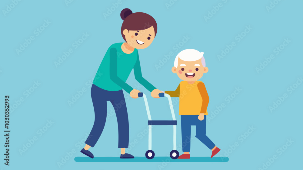 Walking with Assistance A smiling elder being gently assisted by a younger family member while using a rollator highlighting the bond between generations. Walking with Assistance A smiling elder being gently assisted by a younger family member while using a rollator highlighting the bond between generations.