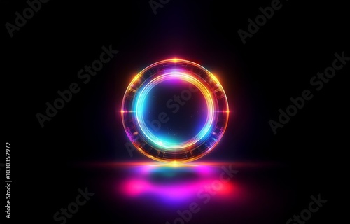 A glowing, iridescent circle of light on a black background.