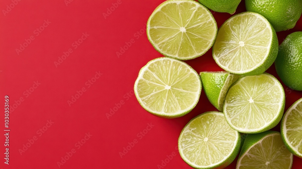 Fresh lime slices are artistically displayed against a vivid red background, creating a striking contrast while highlighting the lush green color of the lime. Fresh lime slices are artistically displayed against a vivid red background, creating a striking contrast while highlighting the lush green color of the lime.