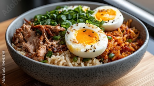 A wholesome rice dish with savory eggs, vibrant greens, and a sprinkle of black sesame seeds to create a perfect balance of flavor and nutrition.