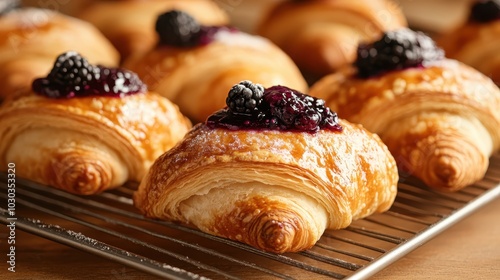 Golden croissants topped with fresh berries and a hint of icing sugar, artfully arranged on a cooling rack, epitomizing bakery freshness and morning bliss. photo